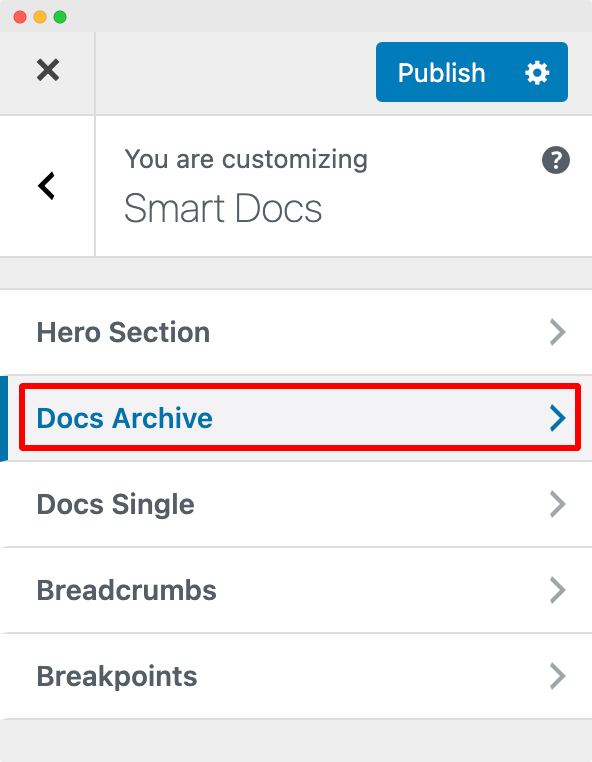 Customize Docs Archive Section of SmartDocs from Customizer